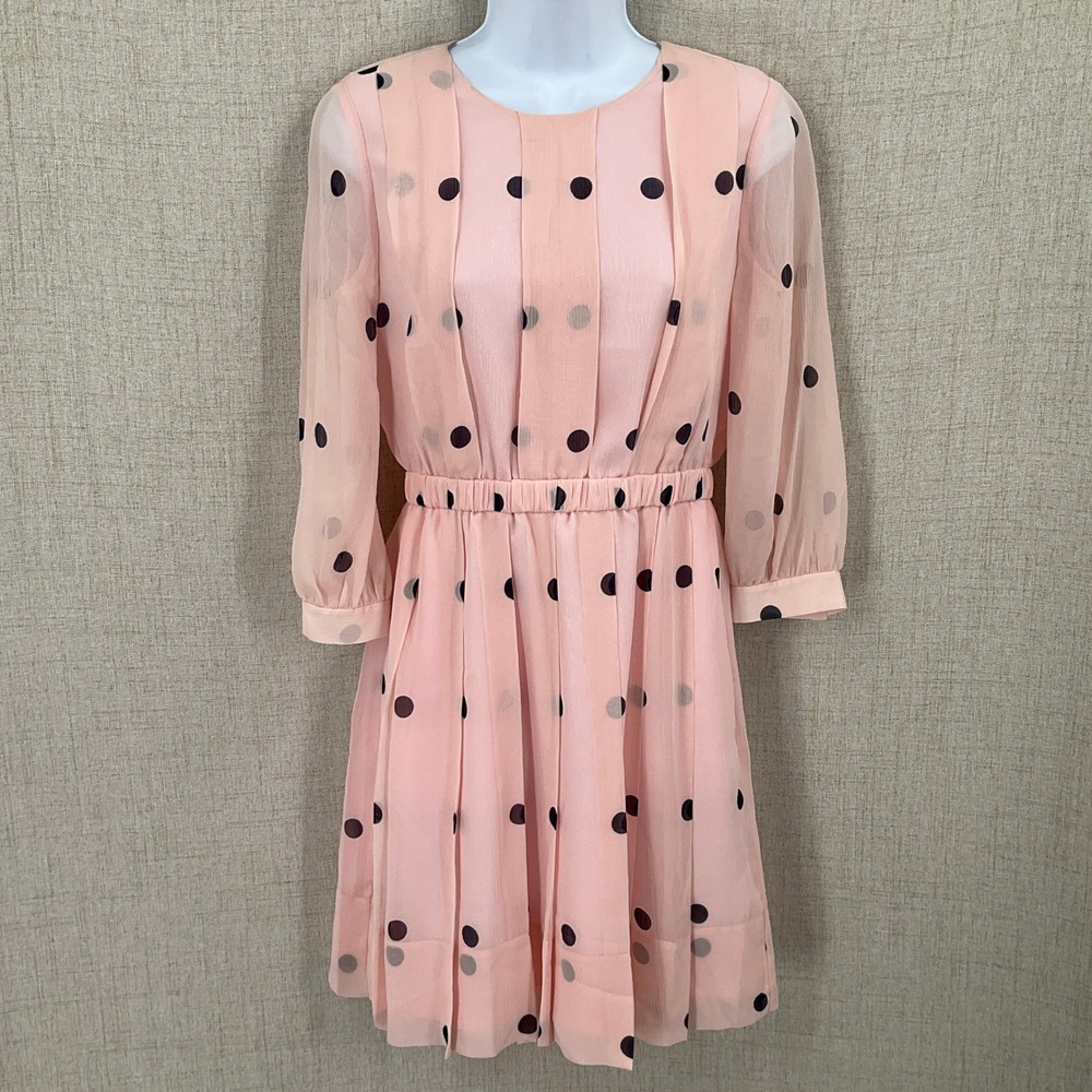 Kate Spade Silk Dress Womens 2 Pink Polka Dot Pleated Designer Luxury